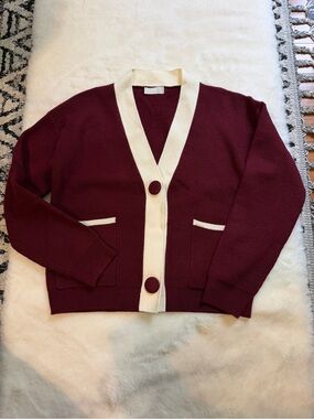 Q2 Burgundy Cardigan with Cream Trim